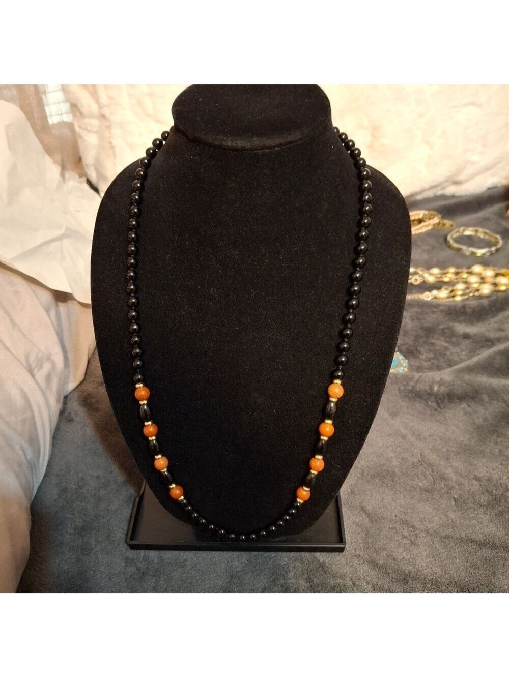Orange and black beaded long necklace natural stone